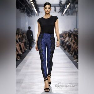 NEW BCBGMAXAZRIA Blue Jacquard Leggings with Black Lace Panels